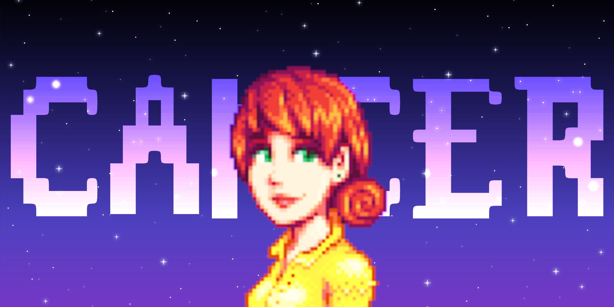 Penny from Stardew Valley in front of a pixel star background and text reading %22Cancer%22