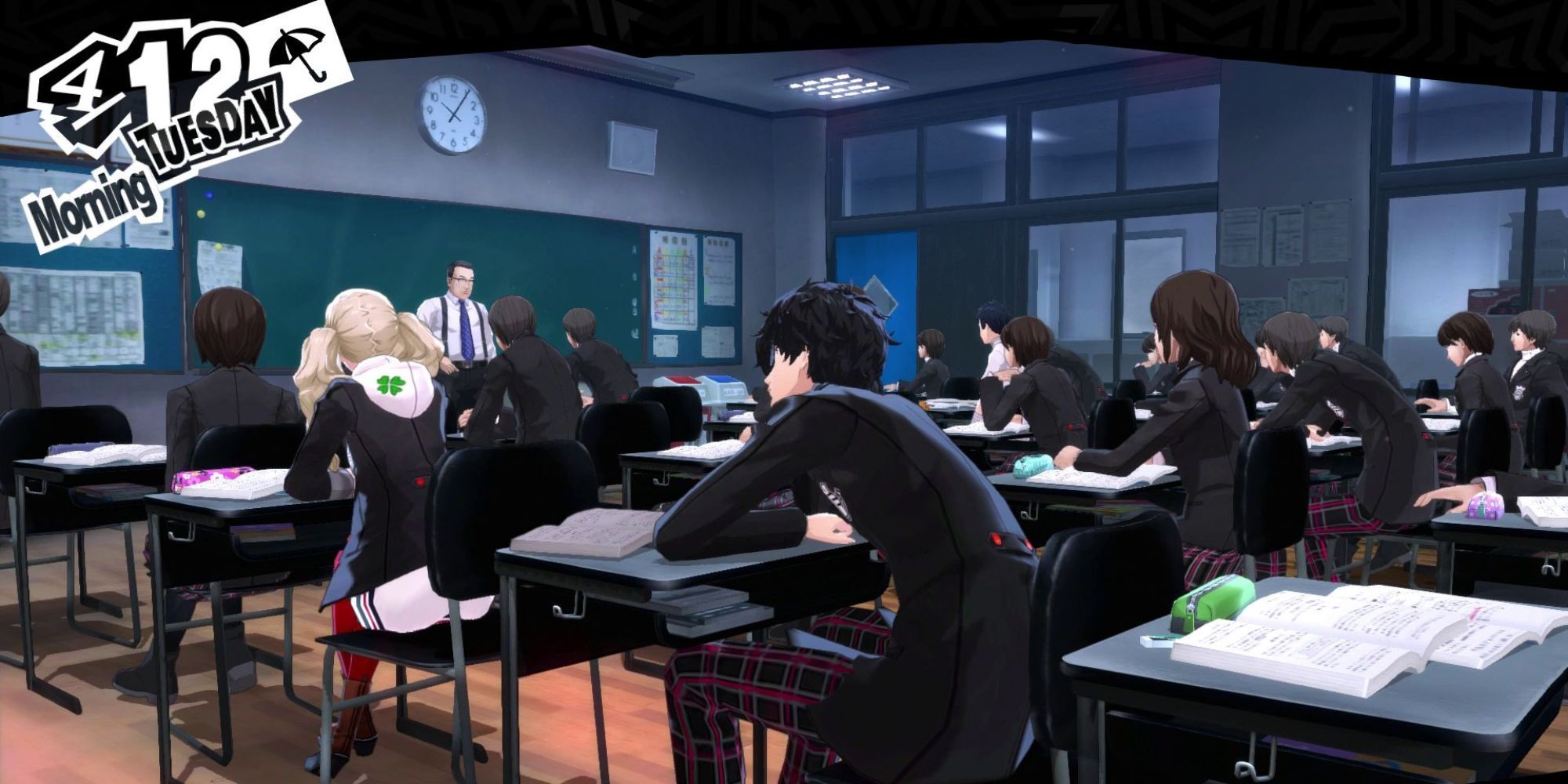 Persona 5 - Joker sits in the classroom in Shujin Academy