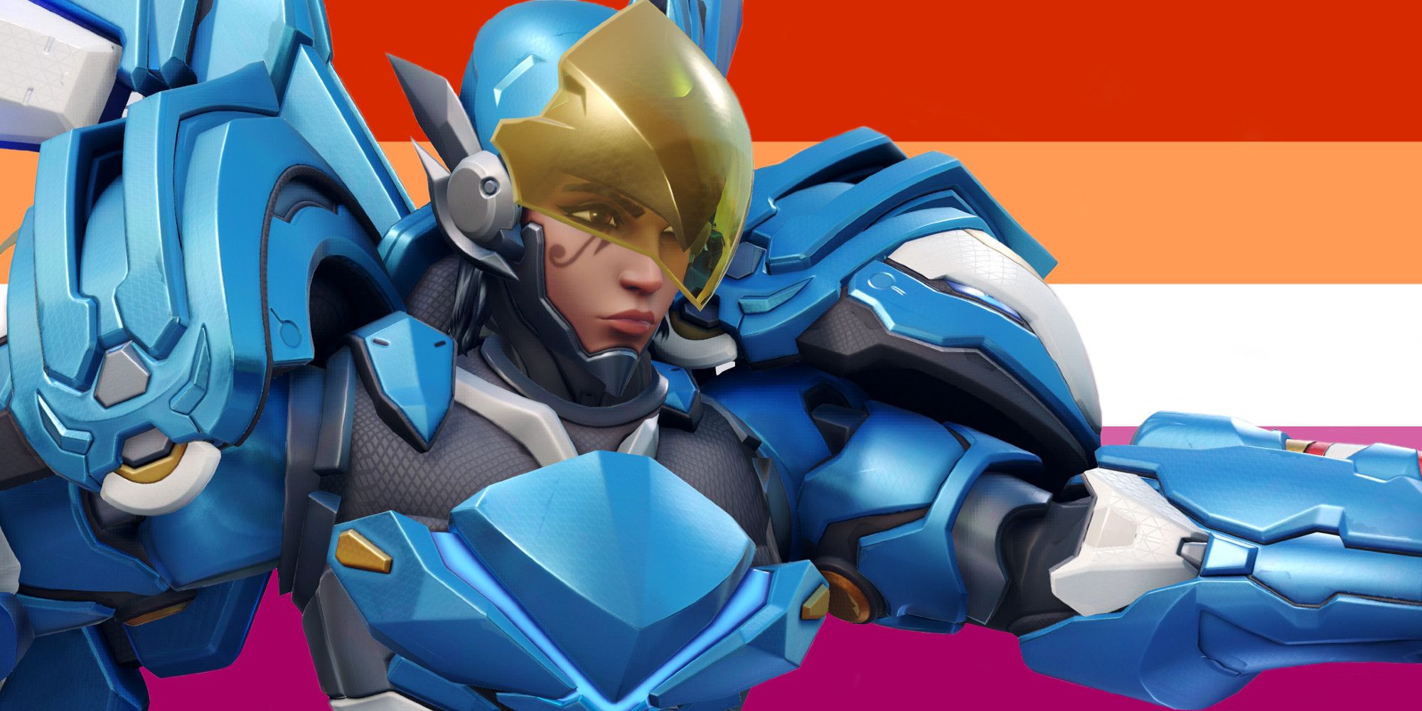 Pharah from Overwatch 2 in front of a lesbian pride flag