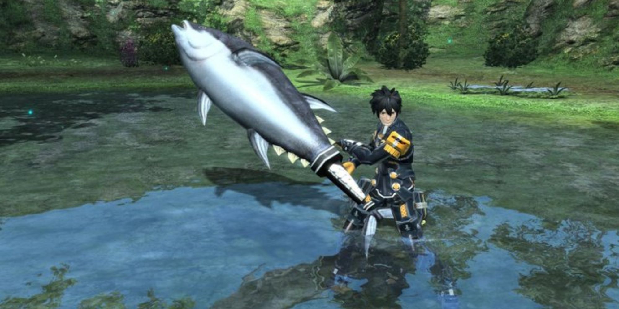 A tuna sword wielded by a Phantasy Star Online character