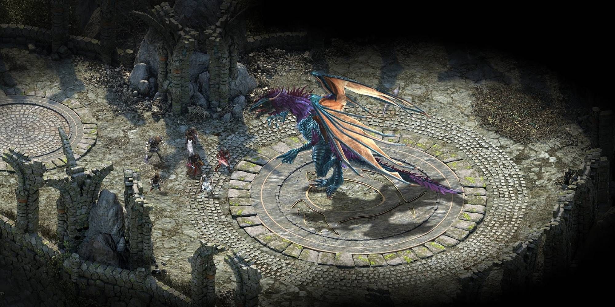 An isometric view of figures fighting a blue scaled dragon in Pillars of Eternity