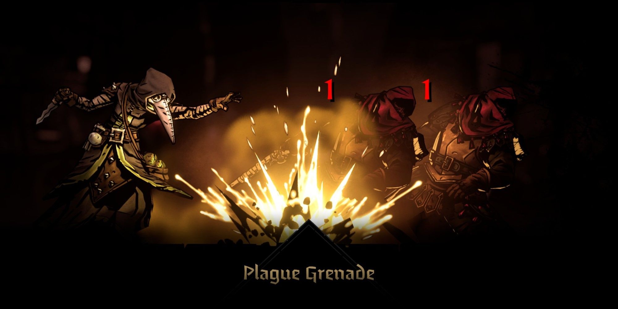 A screenshot of the Plague Grenade Skill being used in Darkest Dungeon 2