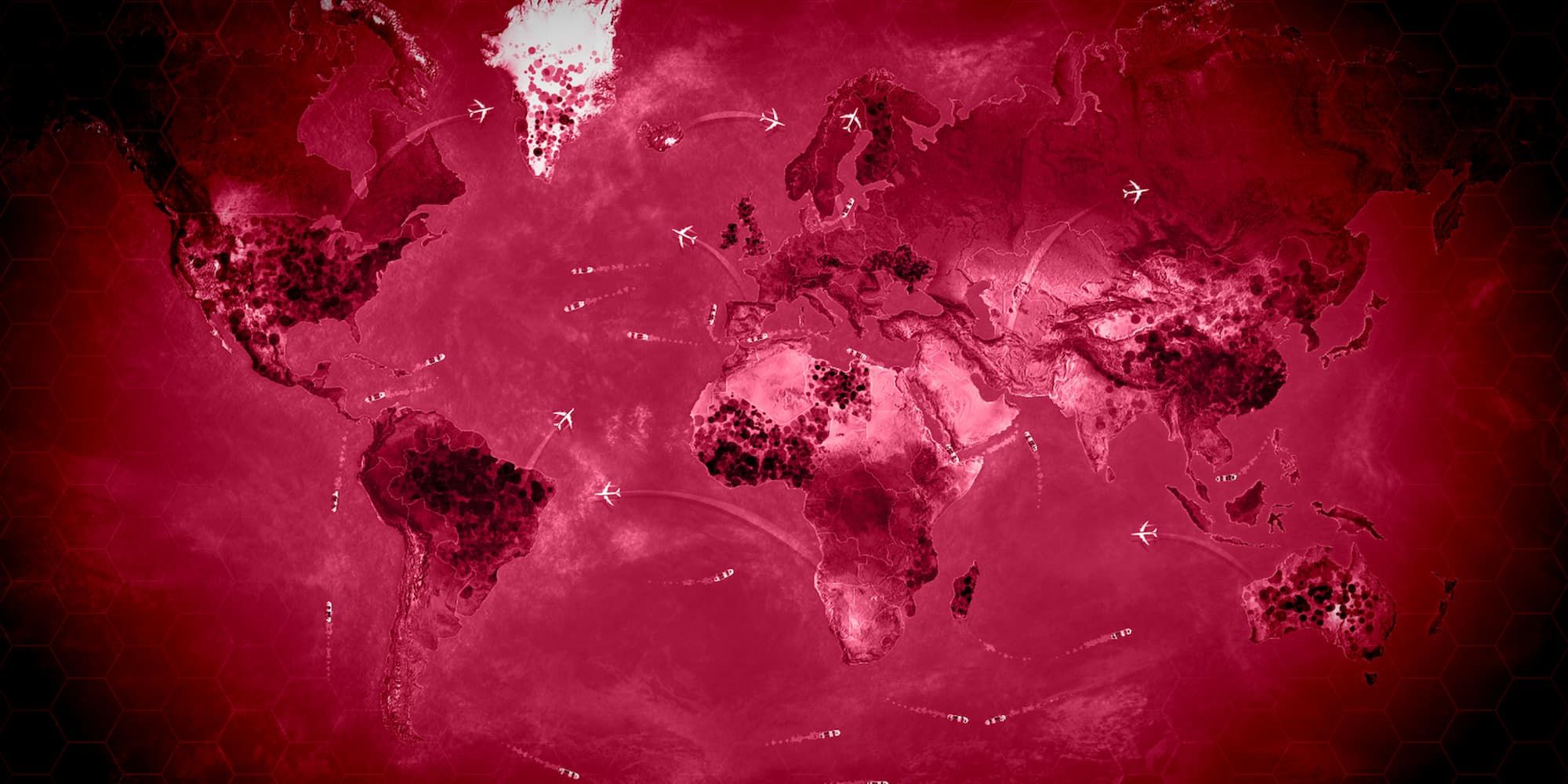 Plague Inc.- Planes Flying Across Infected Locations Of Earth, Marked In Red.