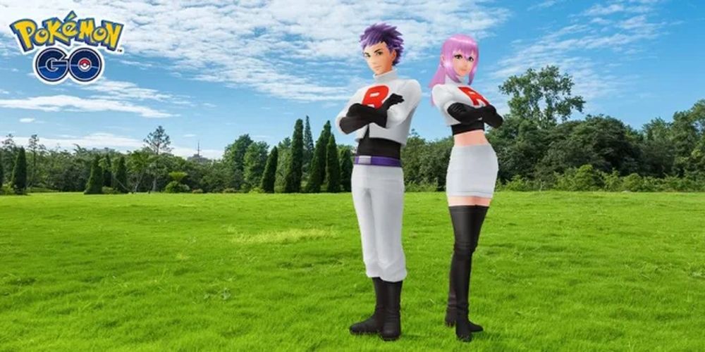 Two Pokemon Go avatars stand back to back in Team Rocket costumes of Jesse and James