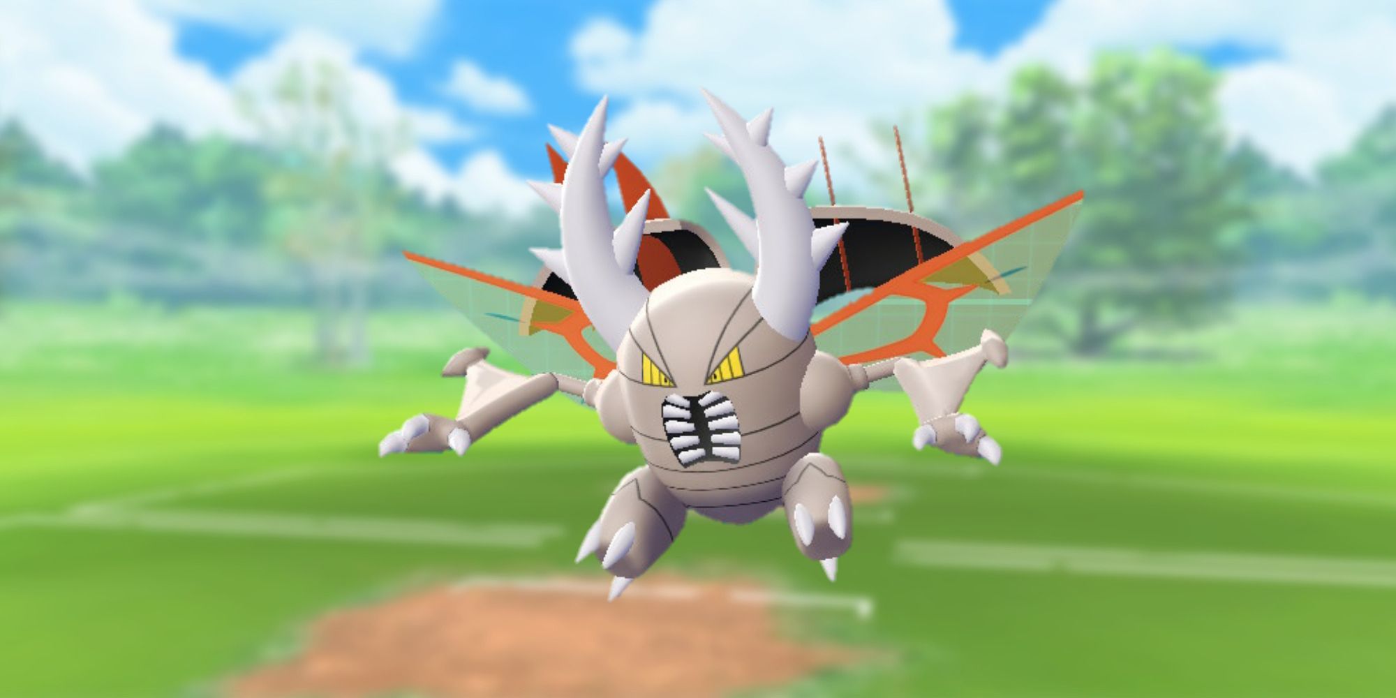 Mega Pinsir from Pokemon with the Pokemon Go battlefield as the background