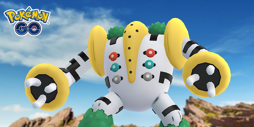An image of Regigigas against a blue sky, with the Pokémon GO logo in the corner