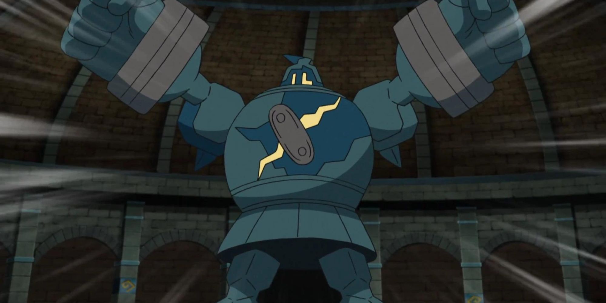 Golurk stretches its arms in a dark colosseum in the Pokemon Anime.