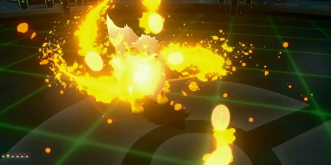 Pokemon Let's Go Arcanine in dark arena using fire move