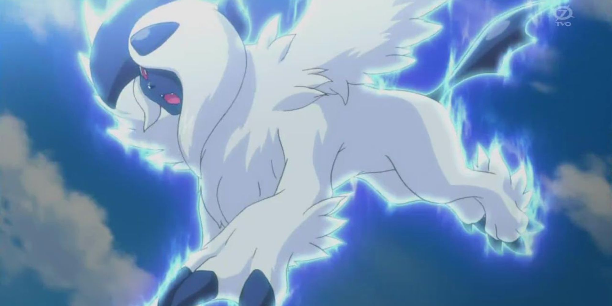 Mega Absol glows while jumping through the air in the Pokemon anime.