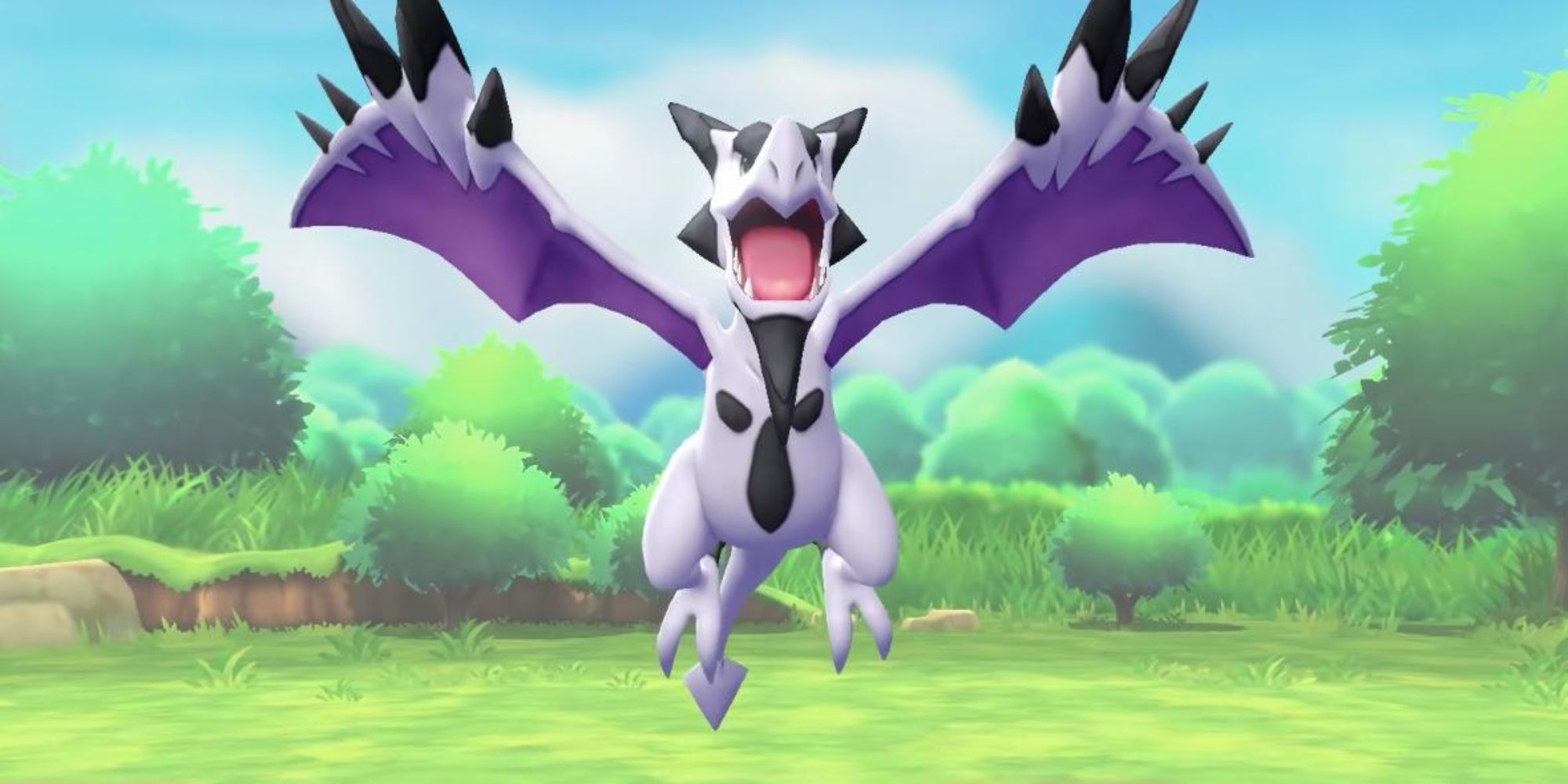 Mega Aerodactyl hovers over a field with its wings outstretched.