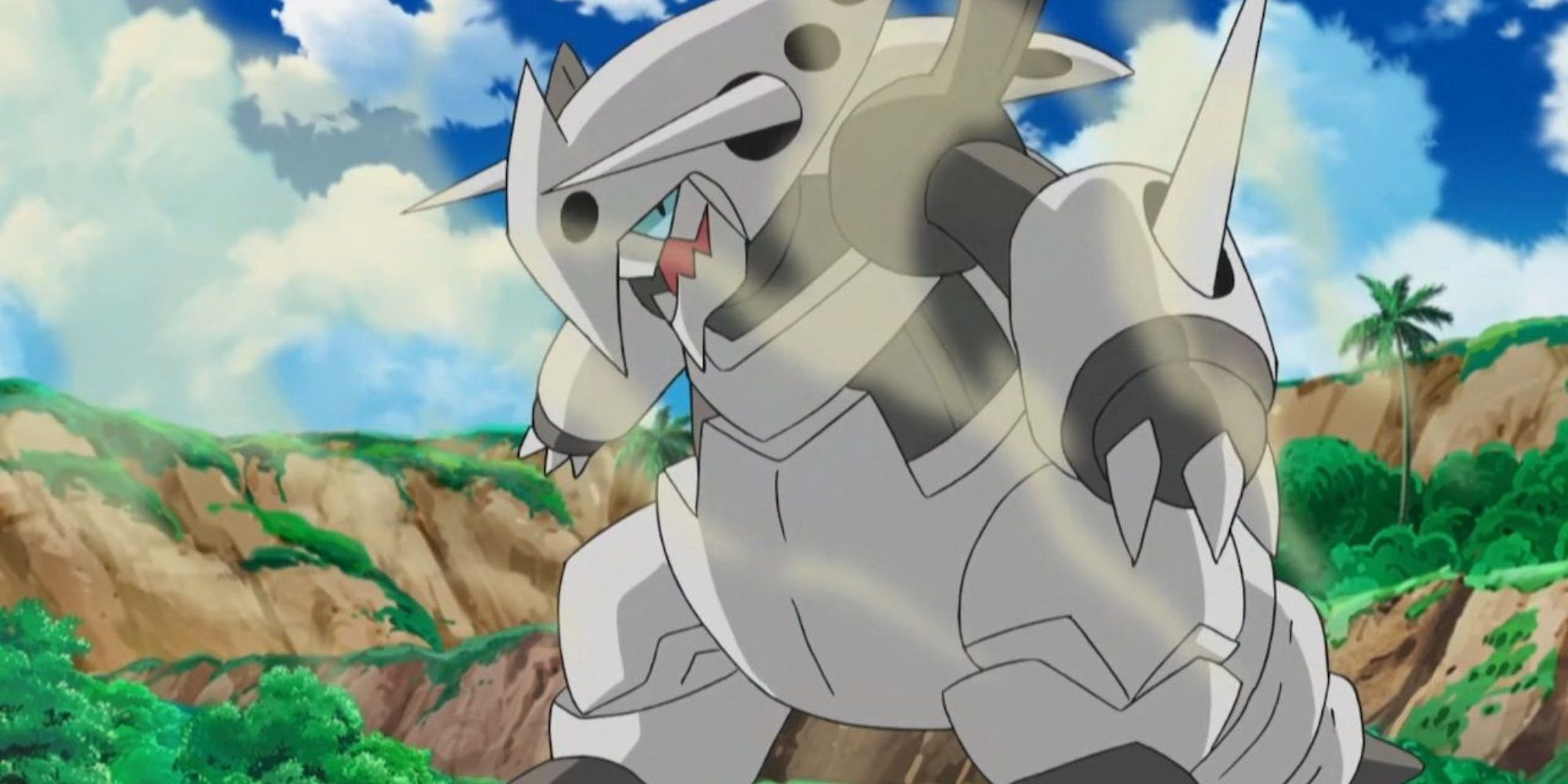 Mega Aggron stands beside a cliff in the Pokemon anime.