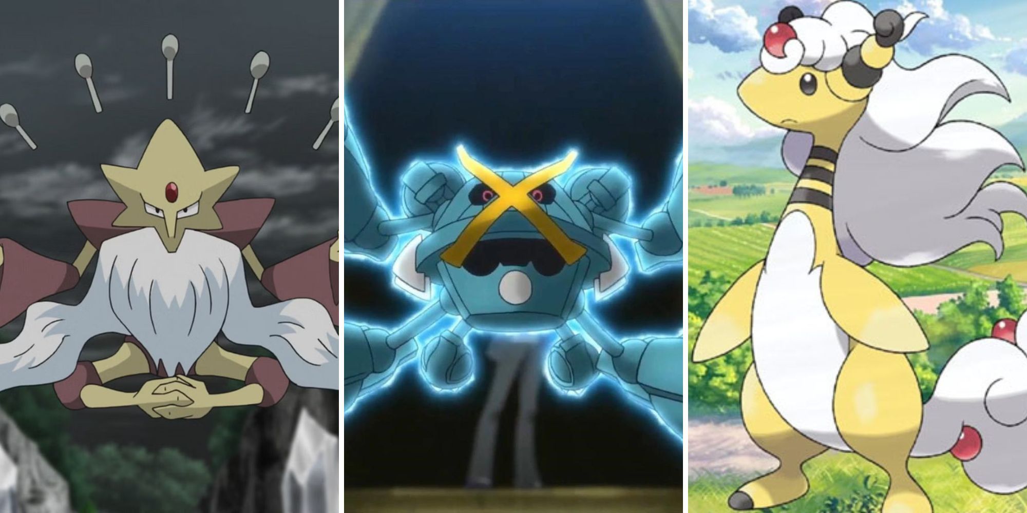 Pokemon Mega Alakazam floats at night, Mega Metagross prepares to attack, Mega Ampharos stands in a field (1)