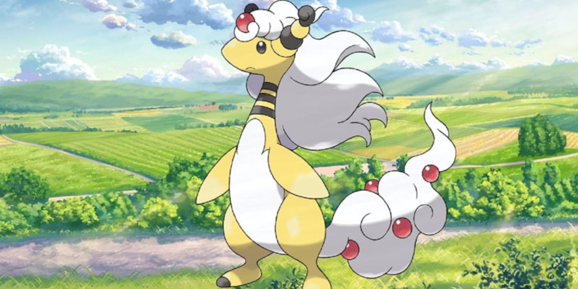 Mega Ampharos stands in a field with its hair flowing.