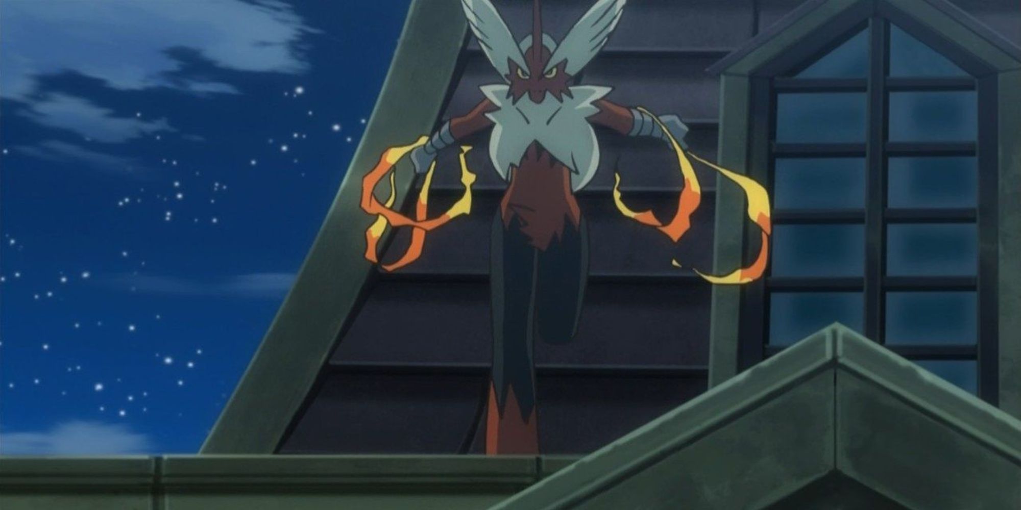 Mega Blaziken runs down the roof of a building at night in the Pokemon anime.
