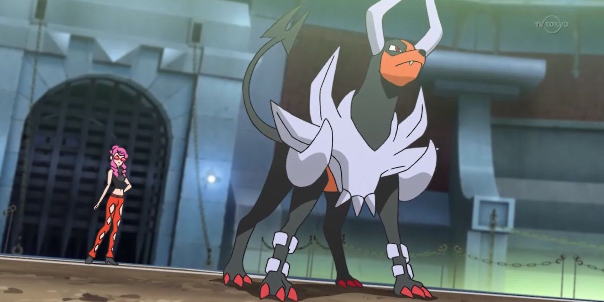 Mega Houndoom stands in a stadium before a battle in the Pokemon anime.