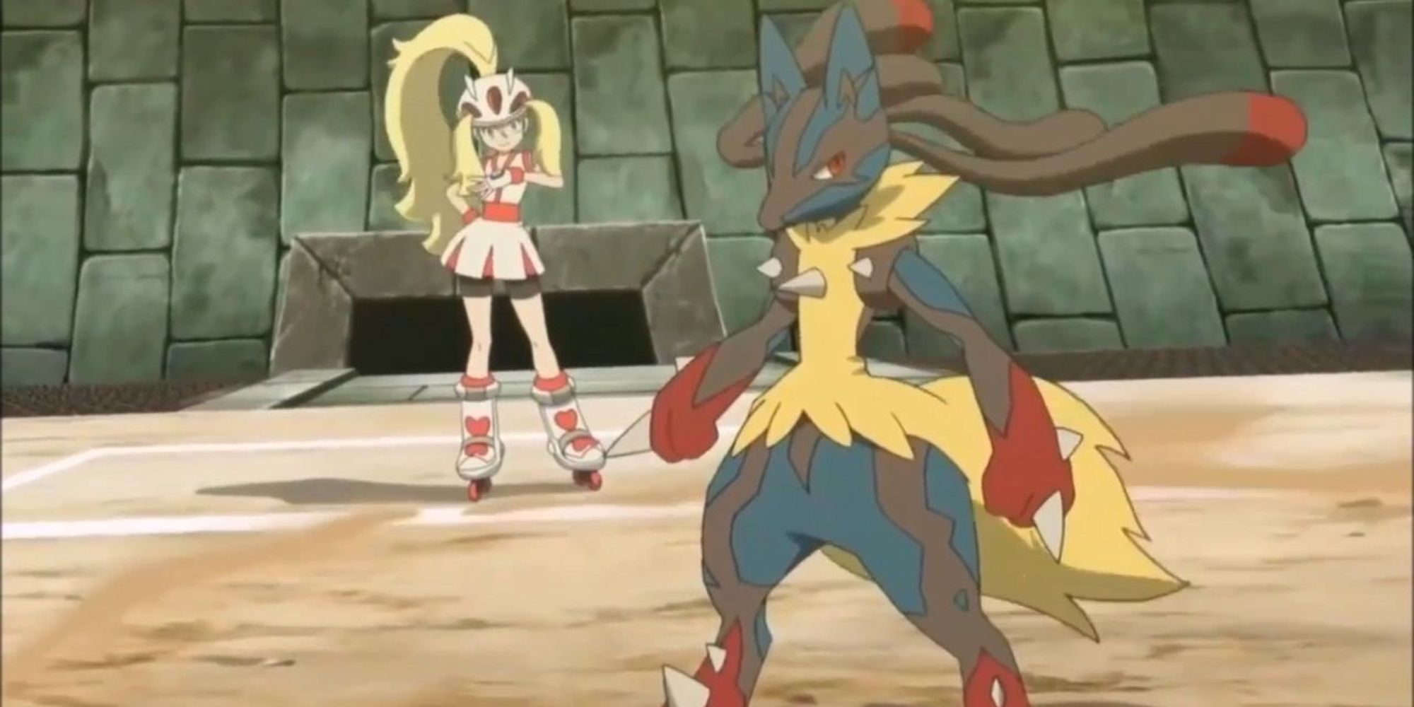 Mega Lucario prepares to battle in a stadium in the Pokemon anime.