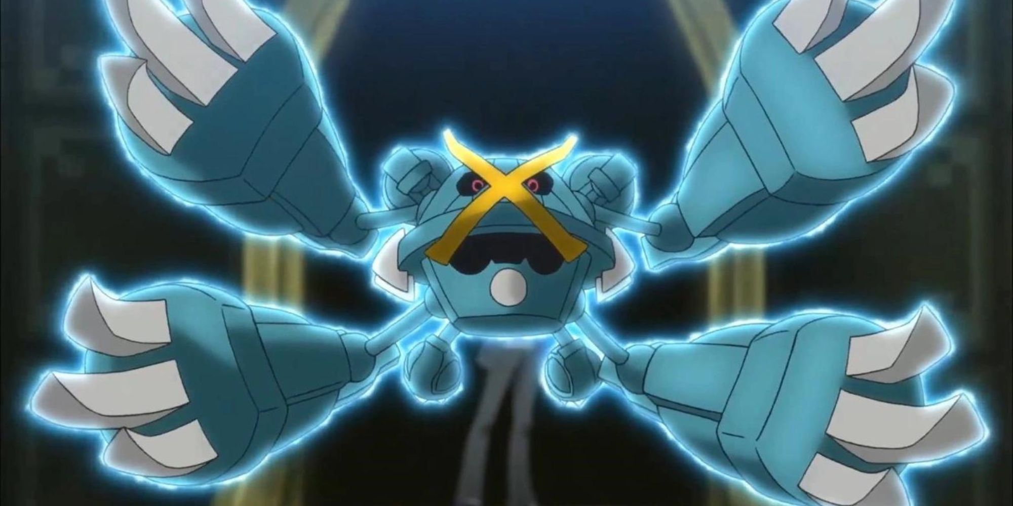 Mega Metagross prepares to use an attack in the Pokemon anime.