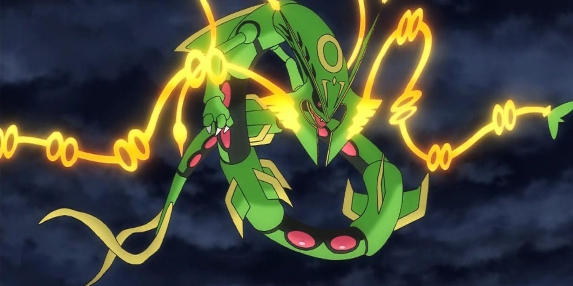 Mega Rayquaza prepares to strike at night in the Pokemon anime.