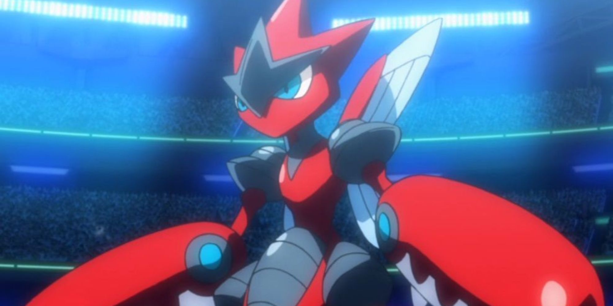 Mega Scizor stands in a packed stadium before a battle in the Pokemon anime.