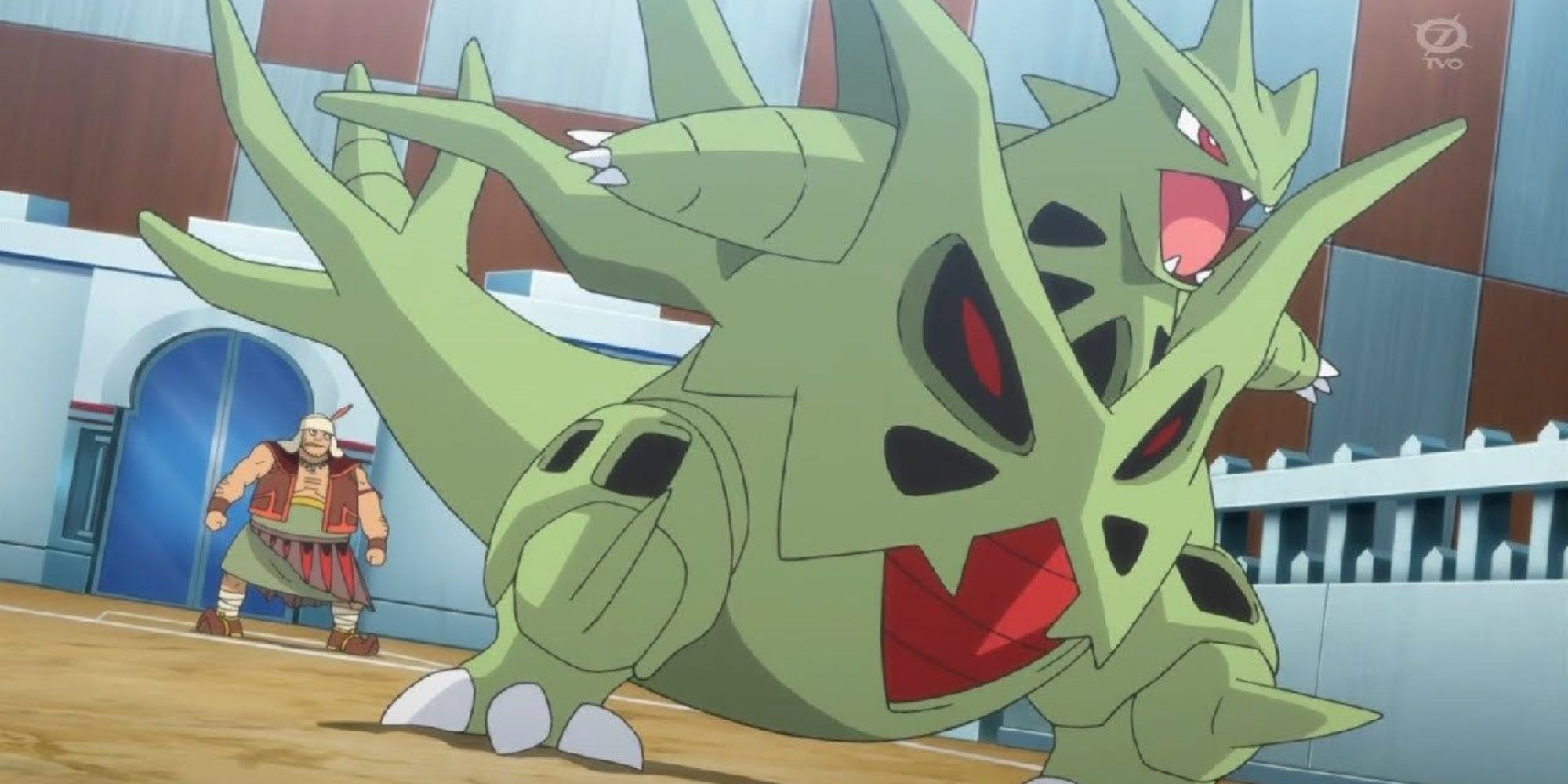 Mega Tyranitar roars before starting a battle in the Pokemon anime.