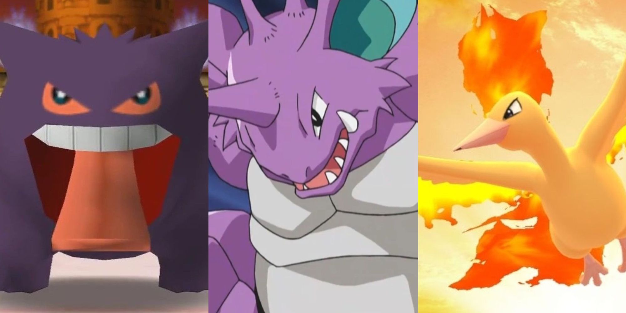 Collage image of Gengar sticking its tongue out, Nidoking lowering its head to attack, and Moltres flying through the sunlit sky in Pokemon Stadium.
