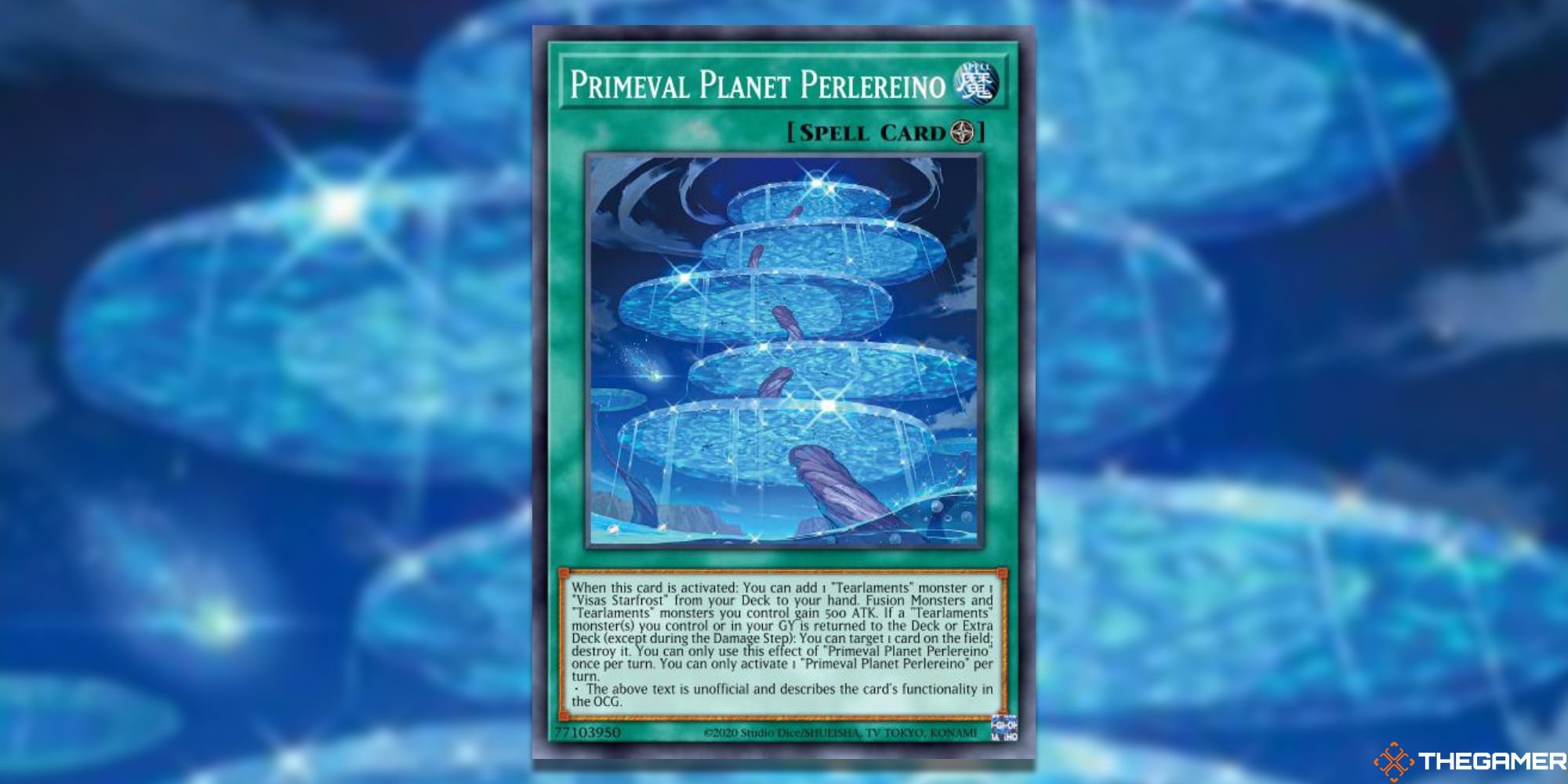 Full card of Primordial Planet Pereleino with Gaussian Blur from Yu-Gi-Oh!  master duel