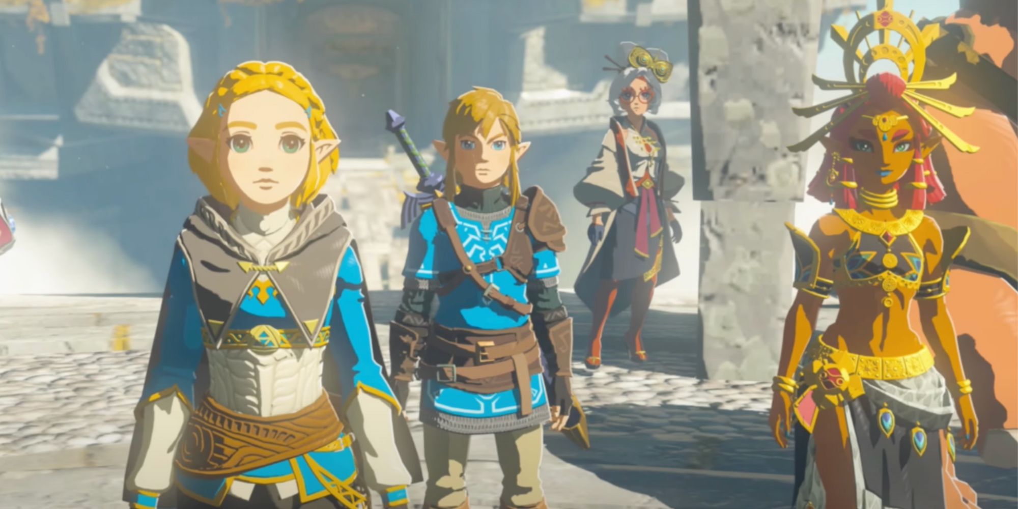 Princess Zelda, Link, Purah and Riju in the Temple of Time
