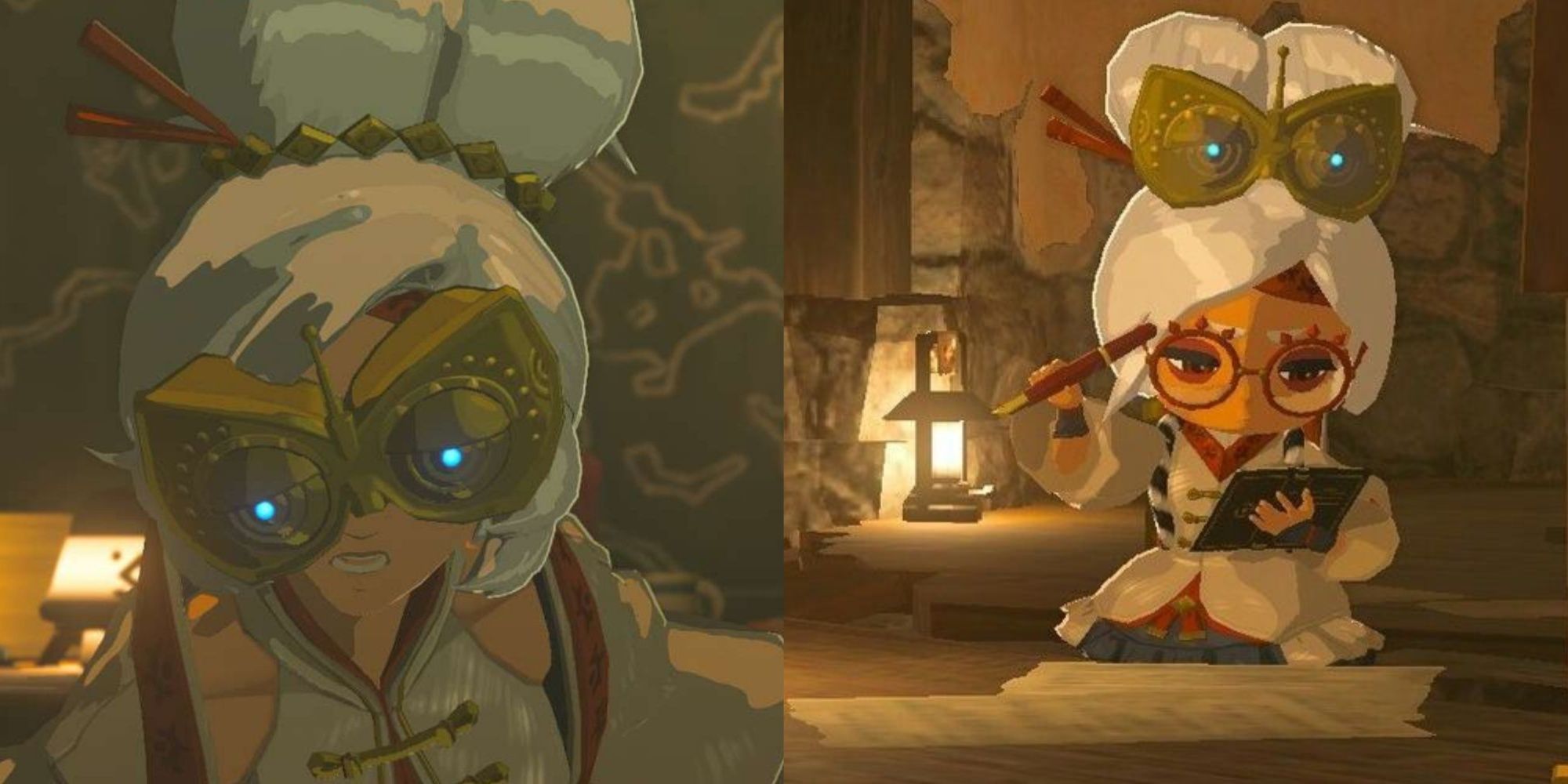Purah as she appears in Tears of the Kingdom and in Breath of the Wild, left to right