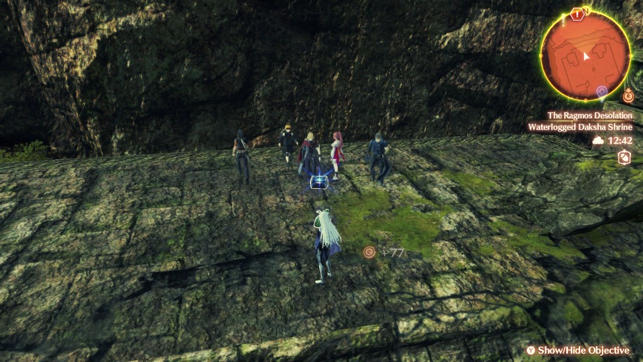A, Matthew, Nikol, Shulk, Glimmer, and Rex discovering an item on the Ragmos Desolation in Xenoblade Chronicles 3: Future Redeemed.
