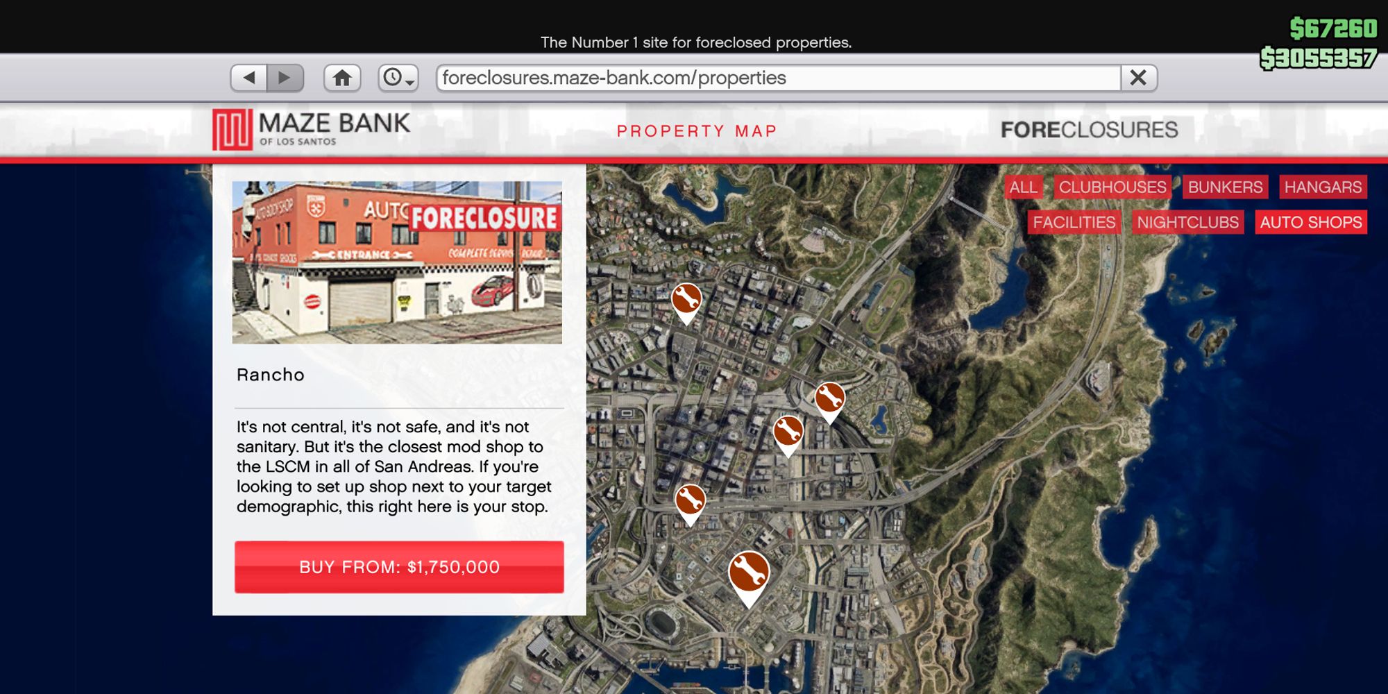 Image depicts a screenshot taken from Maze Bank Foreclosures in Grand Theft Auto Online, showing the location and price of the Rancho Auto Shop. On the left is a white box showing what the location looks like, with the text 'Buy From $1,750,000' in a red box underneath.