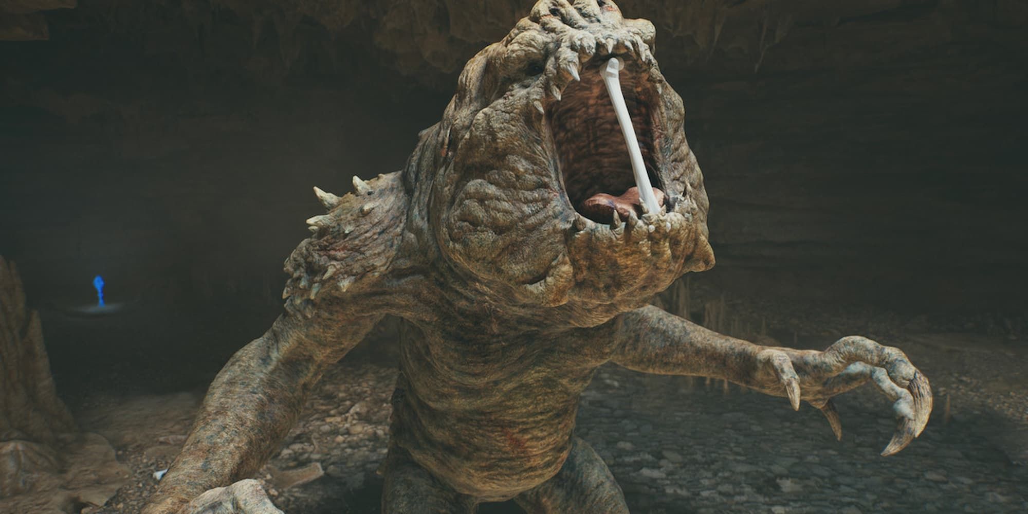 A large bone is trapped in the mouth of a Rancor in Star Wars Jedi: Survivor.