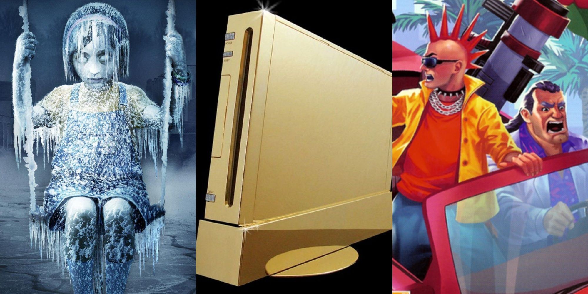 A collage showing Silent Hill Shattered Memories, a golden Wii, and another game.