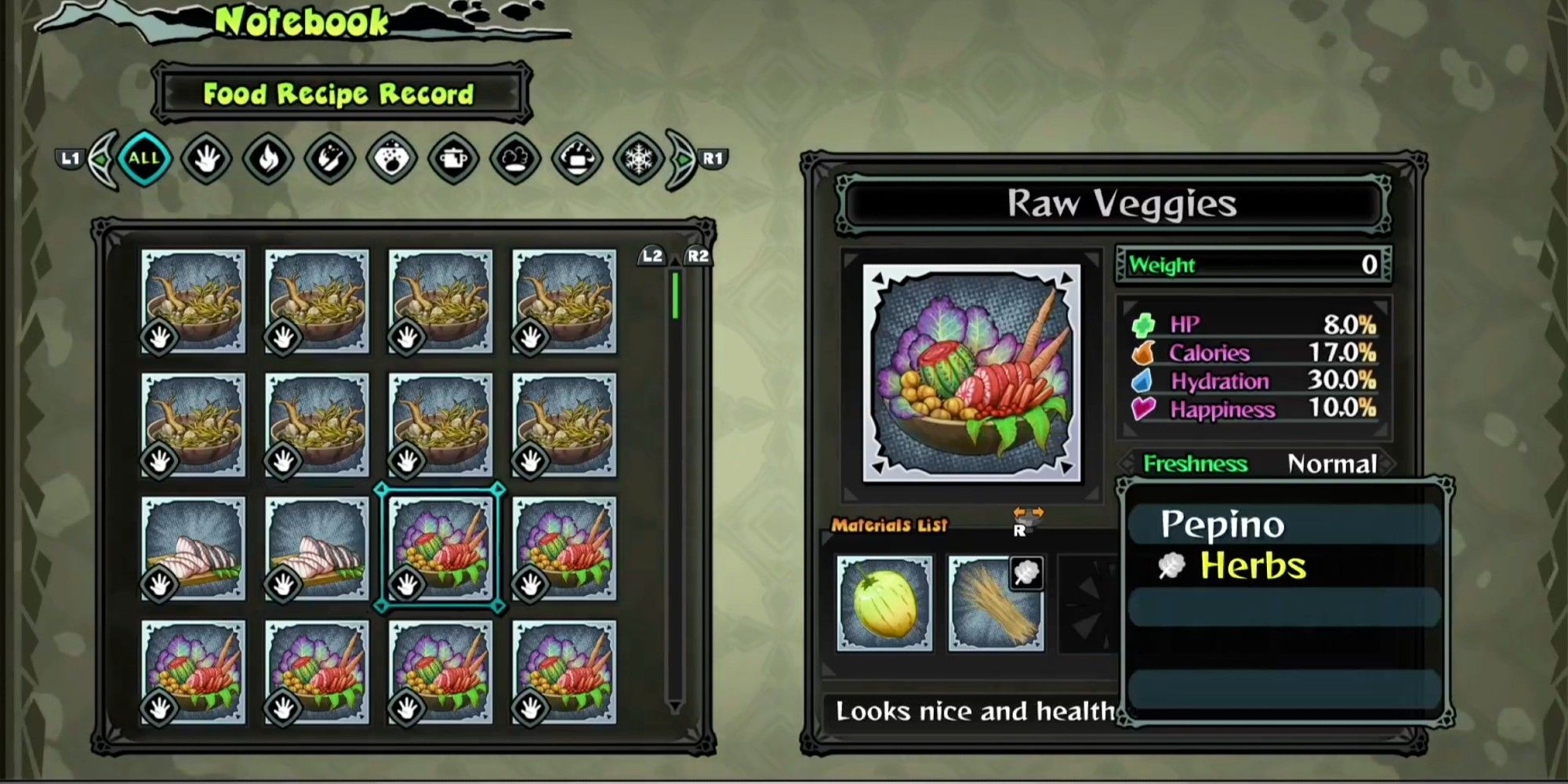 Raw vegetables are displayed on the right side of the screen.