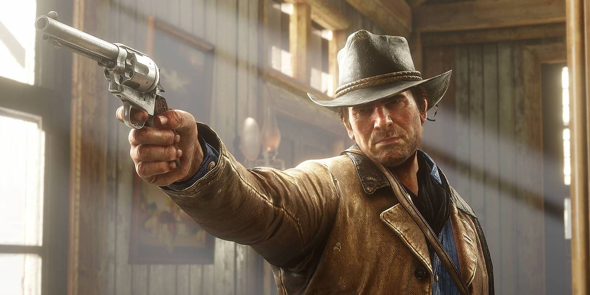 Arthur Morgan looks ahead as he takes aim with his revolver in the sunny interior