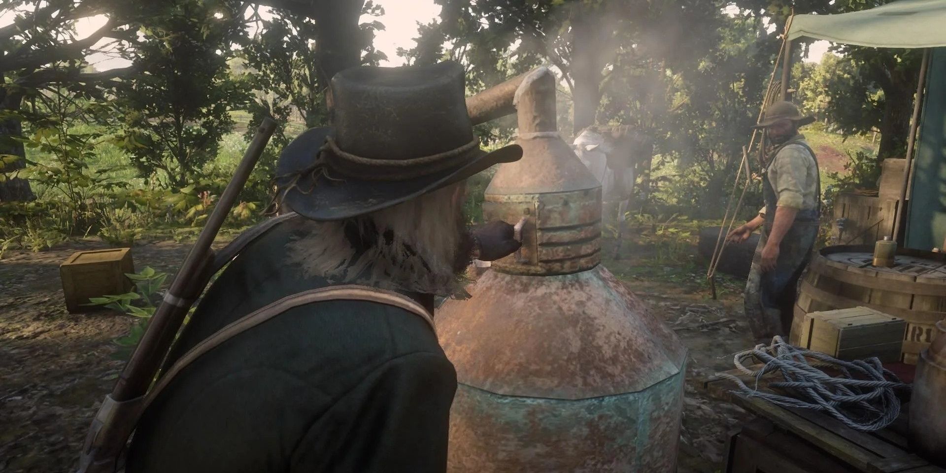 Arthur helping a duo create moonshine in the woods