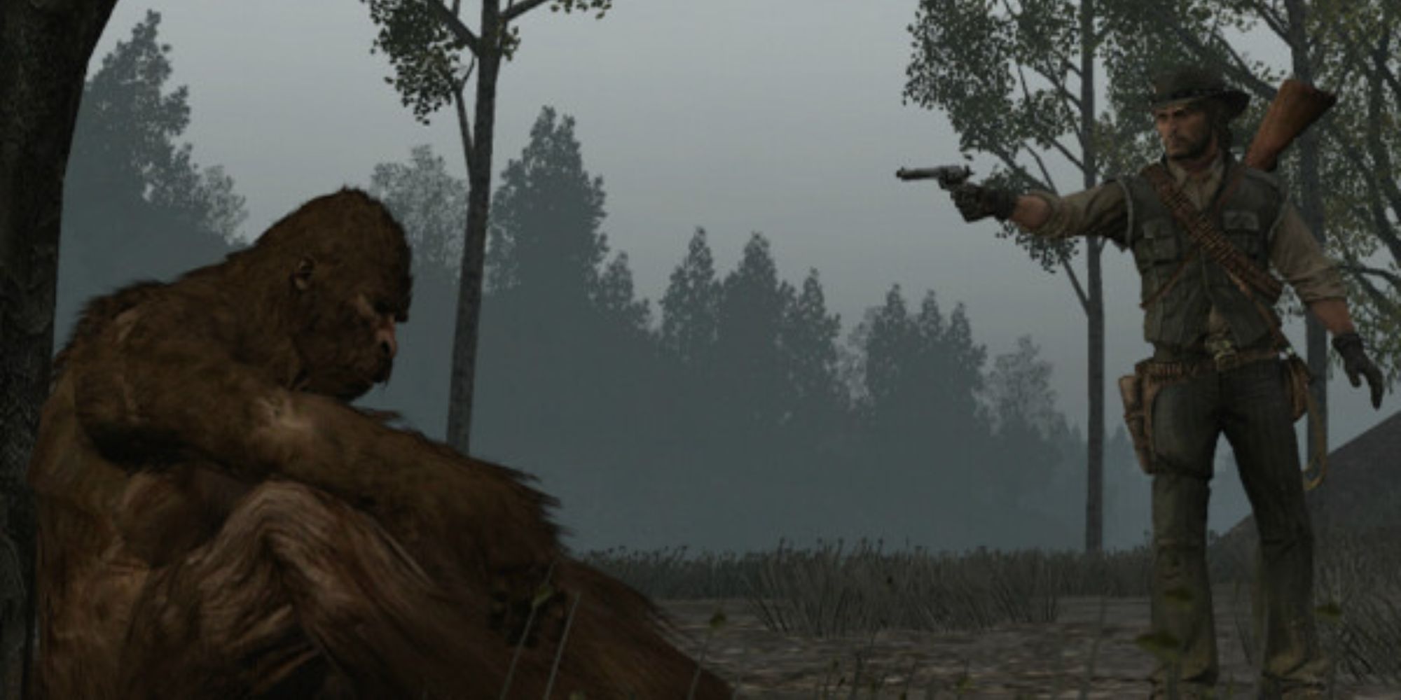 red dead redemption john marston aiming revolver at sasquatch