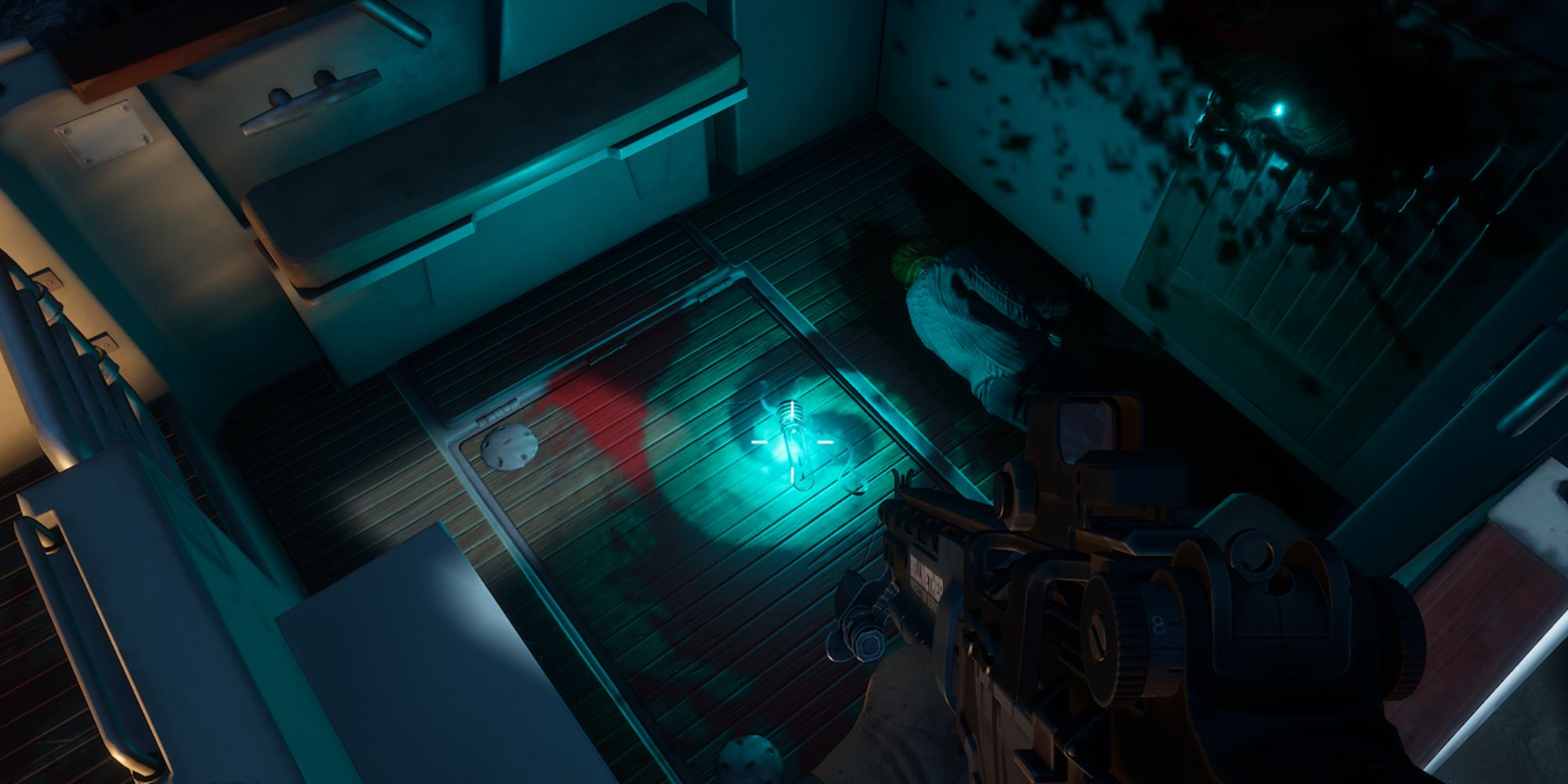 Redfall Screenshot Of Grave Lock On Blood-Covered Boat