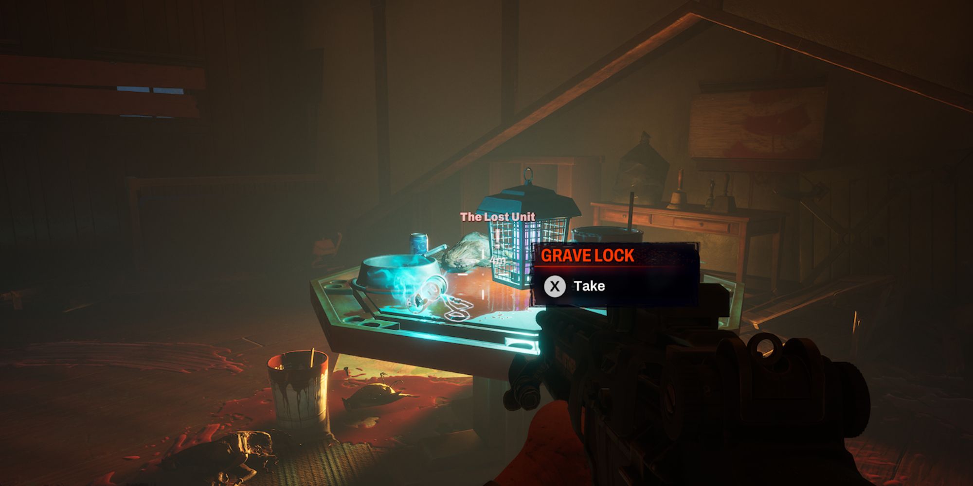 Redfall Screenshot Of Grave Lock On Blood-Covered Table