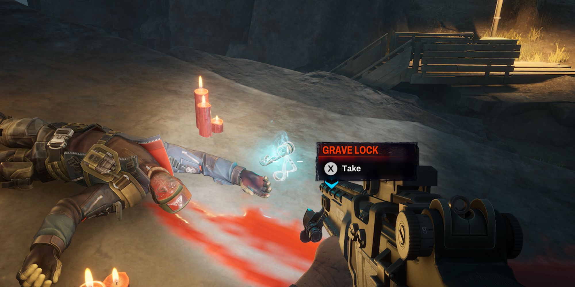 Redfall Screenshot Of Grave Lock On Rock Next To Dead Body