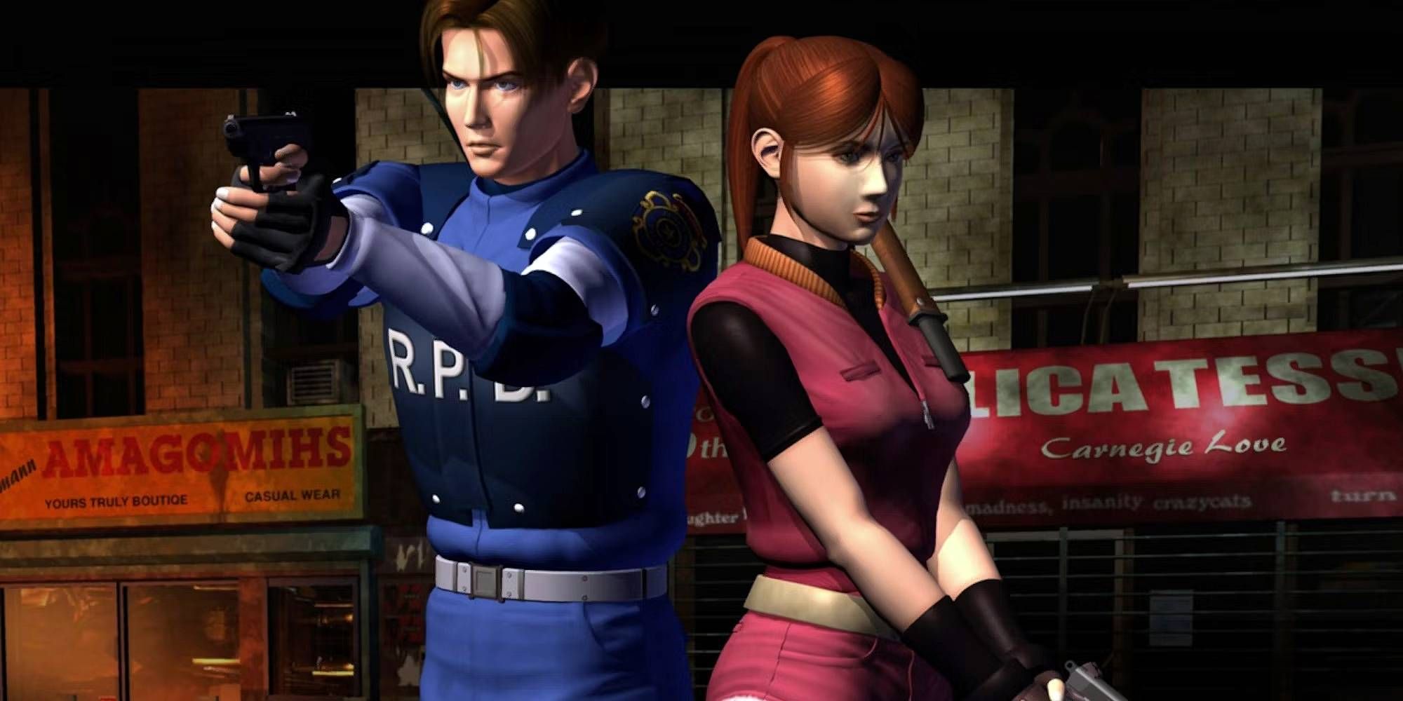 A police officer and a woman pose in a dark urban environment in Resident Evil 2
