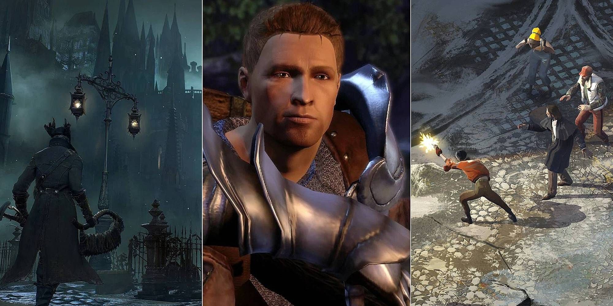 A collage of images from Bloodborne, Dragon Age Origins and Disco Elysium