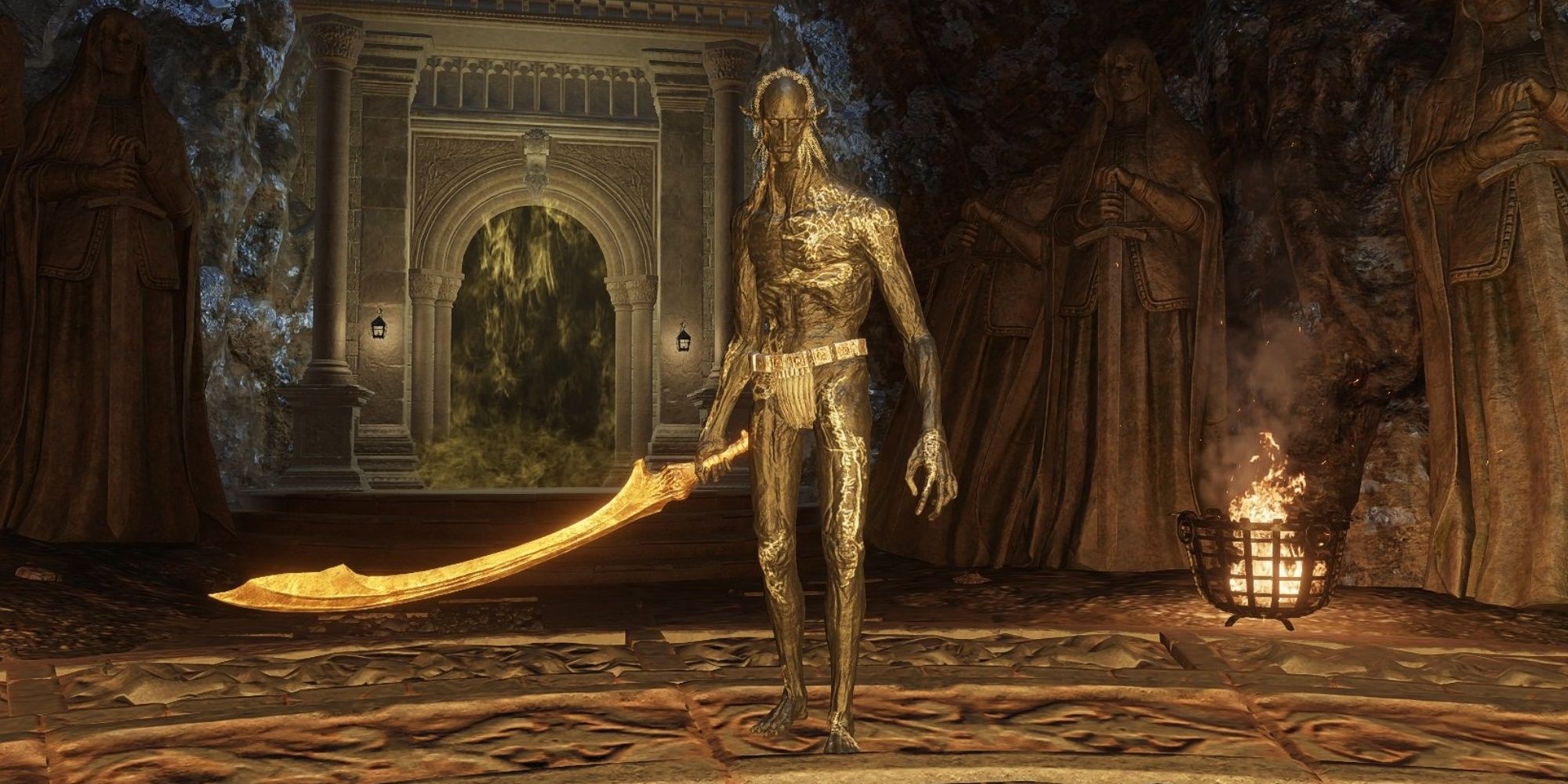The Onyx Lord approaches with a sword in hand in Elden Ring.
