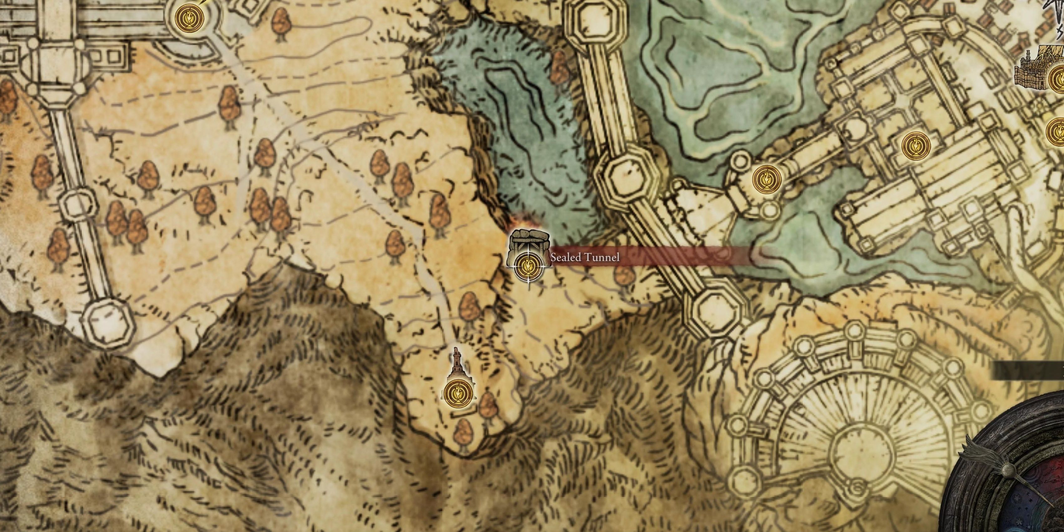 The map displaying the location of the Sealed Tunnel in Elden Ring.