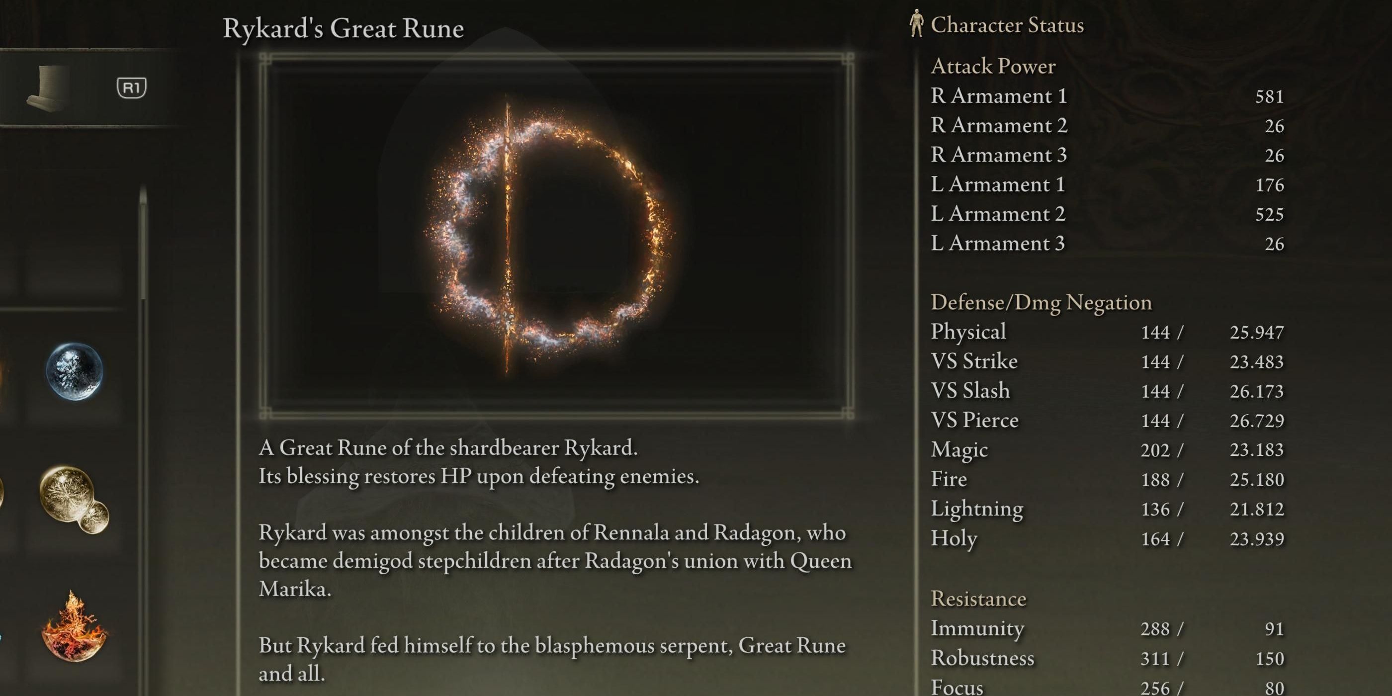 Rykard's Great Rune Stats displayed in the inventory screen in Elden Ring.
