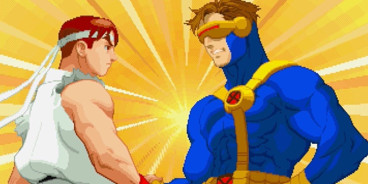 Ryu and Cyclops shaking hands in X-Men vs Street Fighter