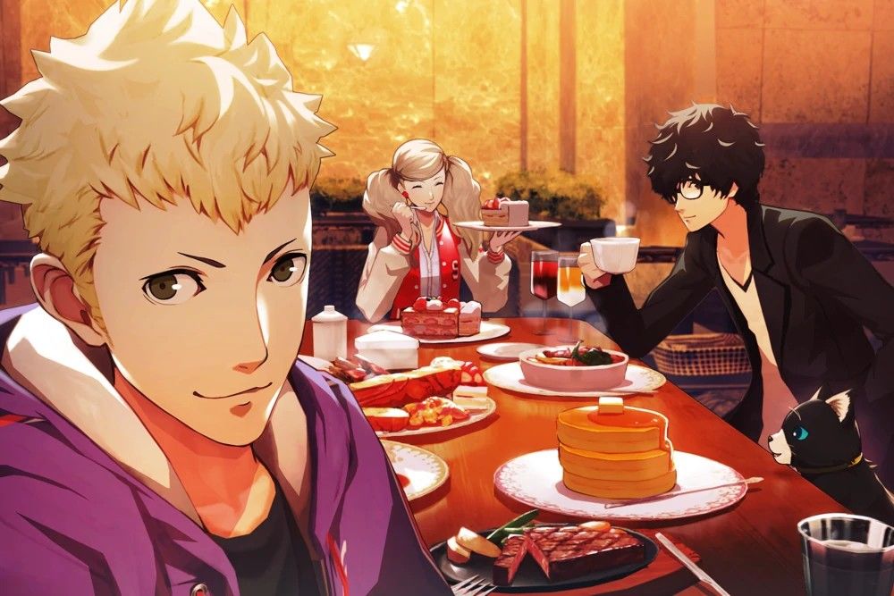 ryuji taking a selfie of himself, ann, joker, and morgana at the buffet together in persona 5 royal ryuji confidant guide