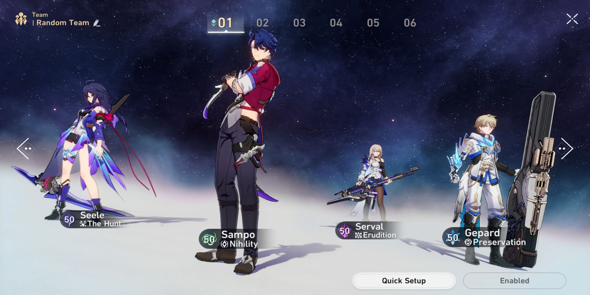 Honkai: Star Rail Team consisting of Seele, Sampo, Serval and Gepard