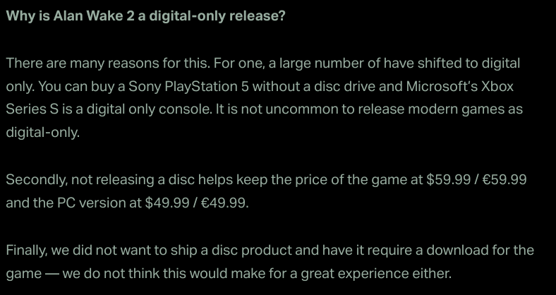 Alan Wake 2's website has revealed that AW2 will be a digital-only release.