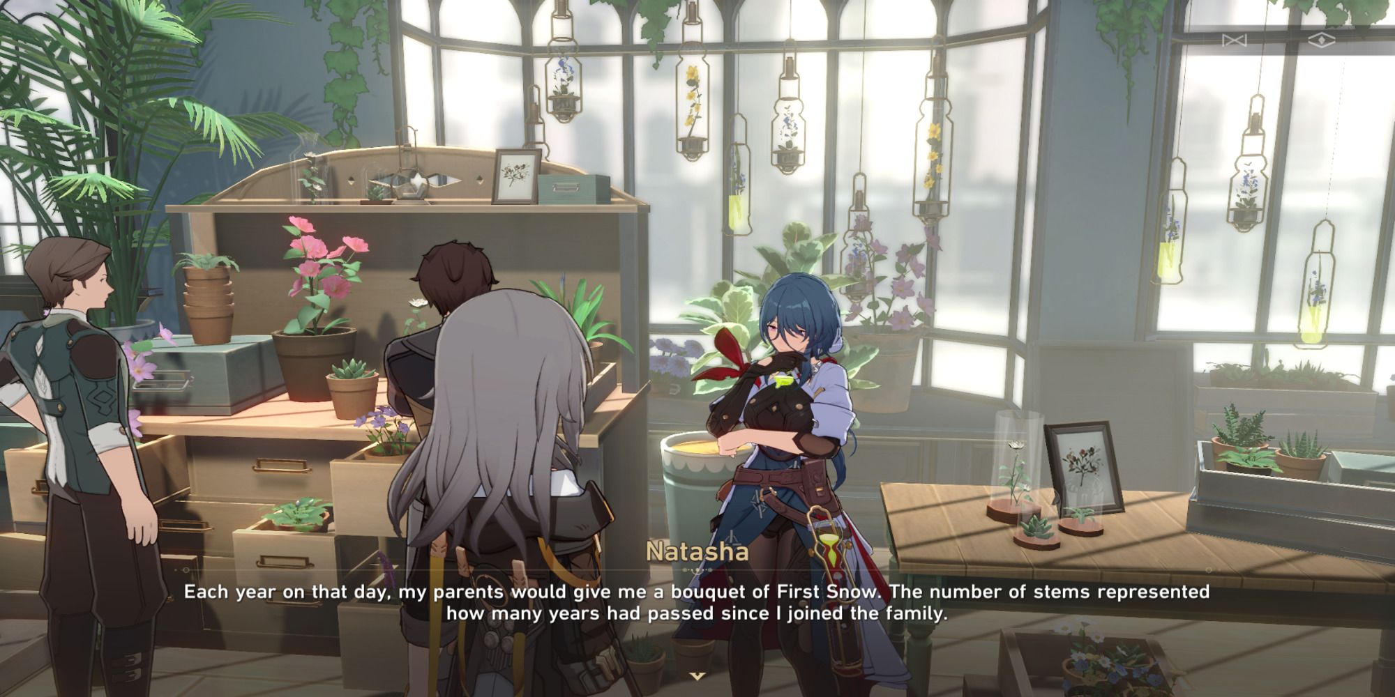 Trailblazer and Natasha discussing flowers in Blizzard Immunity companion quest in Honkai: Star Rail