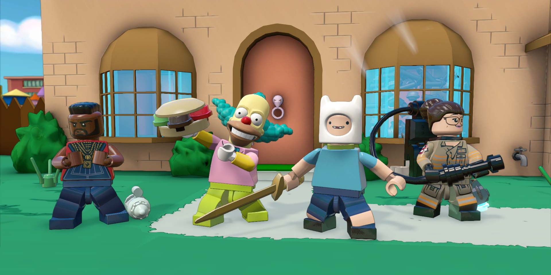 Finn, Krusty, Mr. T, and Ghostbuster in Springfield in Lego Dimensions